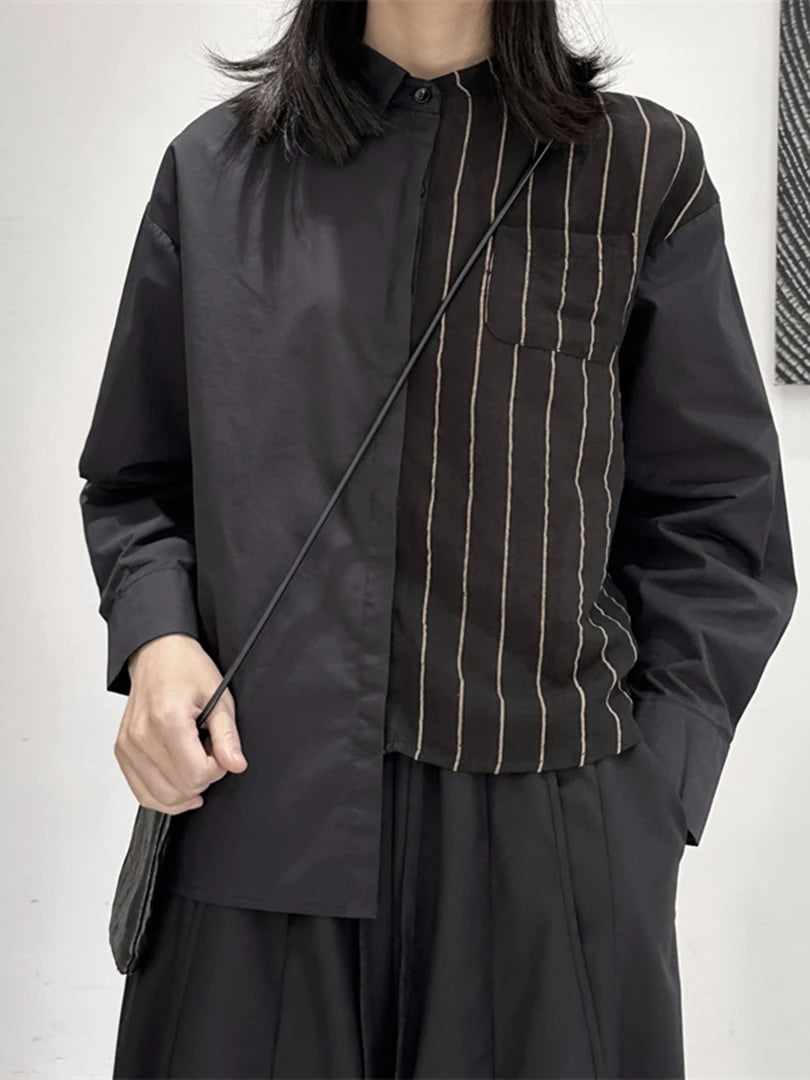 Women Striped Irregular Big Size Blouse New Lapel Long Sleeve Loose Fit Shirt Fashion Tide Spring Autumn 2025 1DF7105