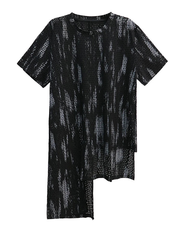 Women Black Grid Irregular Hem Big Size T-shirt New Round Neck Short Sleeve Fashion Tide Spring Summer 2025 1DJ1643