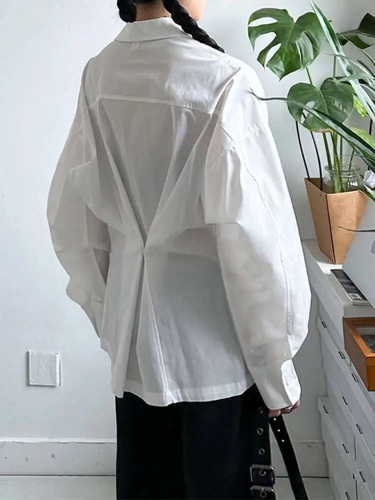 Women White Back Button Pleated Big Size Elegant Blouse New Lapel Long Sleeve Shirt Fashion Spring Autumn 2025 1DJ0301