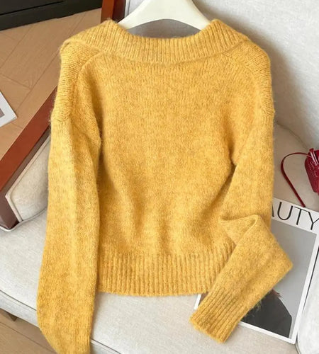 Korean Style Autumn Winter Yellow Elegant Long Sleeves Knit Cotton Sweater Women's Lapel Pullover Short Tops Popular Simplicity