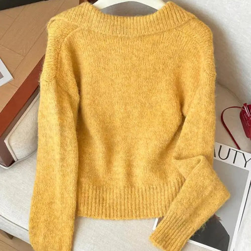 Load image into Gallery viewer, Korean Style Autumn Winter Yellow Elegant Long Sleeves Knit Cotton Sweater Women's Lapel Pullover Short Tops Popular Simplicity
