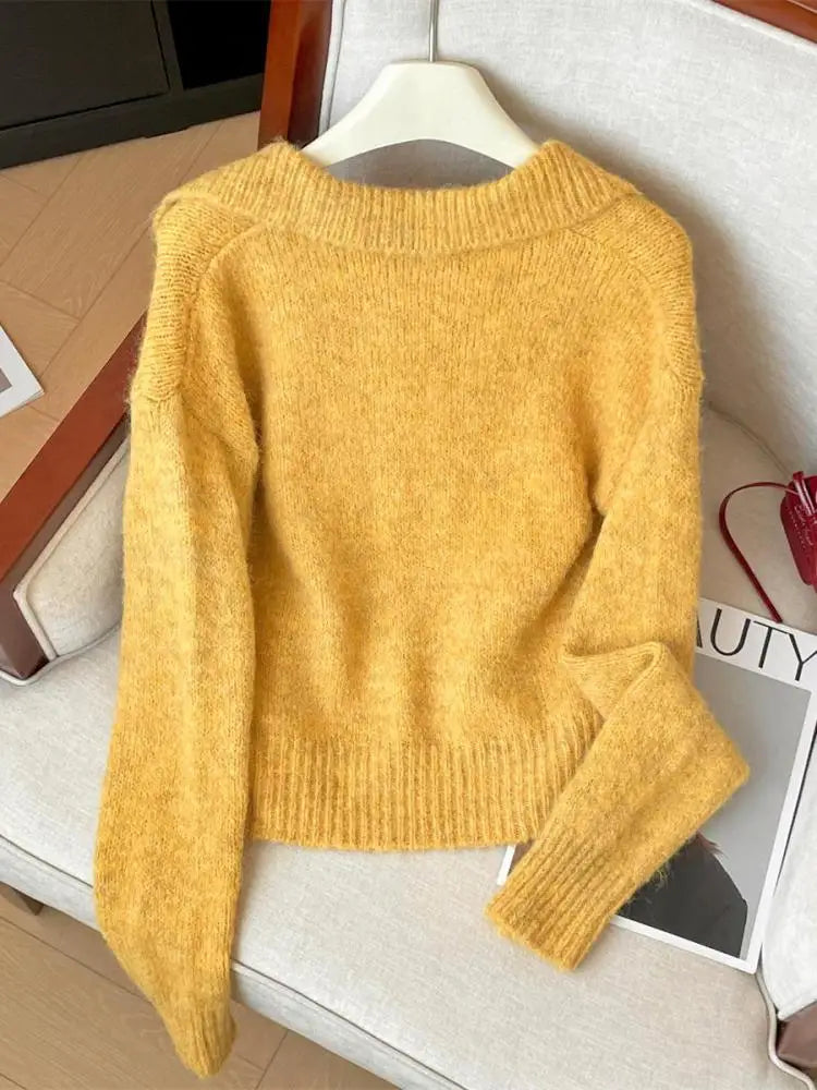 Korean Style Autumn Winter Yellow Elegant Long Sleeves Knit Cotton Sweater Women's Lapel Pullover Short Tops Popular Simplicity