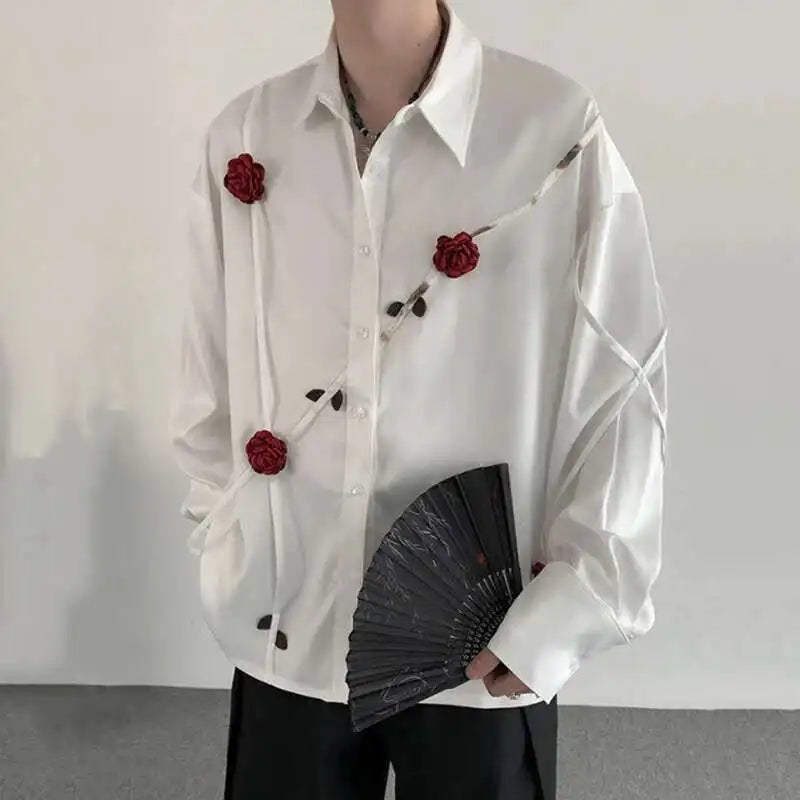 Spring Men's Shirts Three-dimensional Rose Design Lapel Contrast Color Menswear Long Sleeve Single Breasted Male Tops 9W185