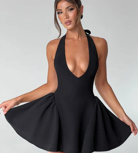 Deep V Neck Backless Sexy Mini Dress For Women Elegant Halter Sleeveless High Waist A-line Pleated Club Party Dress