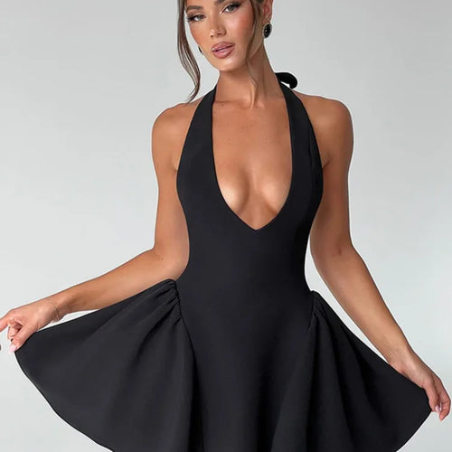 Load image into Gallery viewer, Deep V Neck Backless Sexy Mini Dress For Women Elegant Halter Sleeveless High Waist A-line Pleated Club Party Dress
