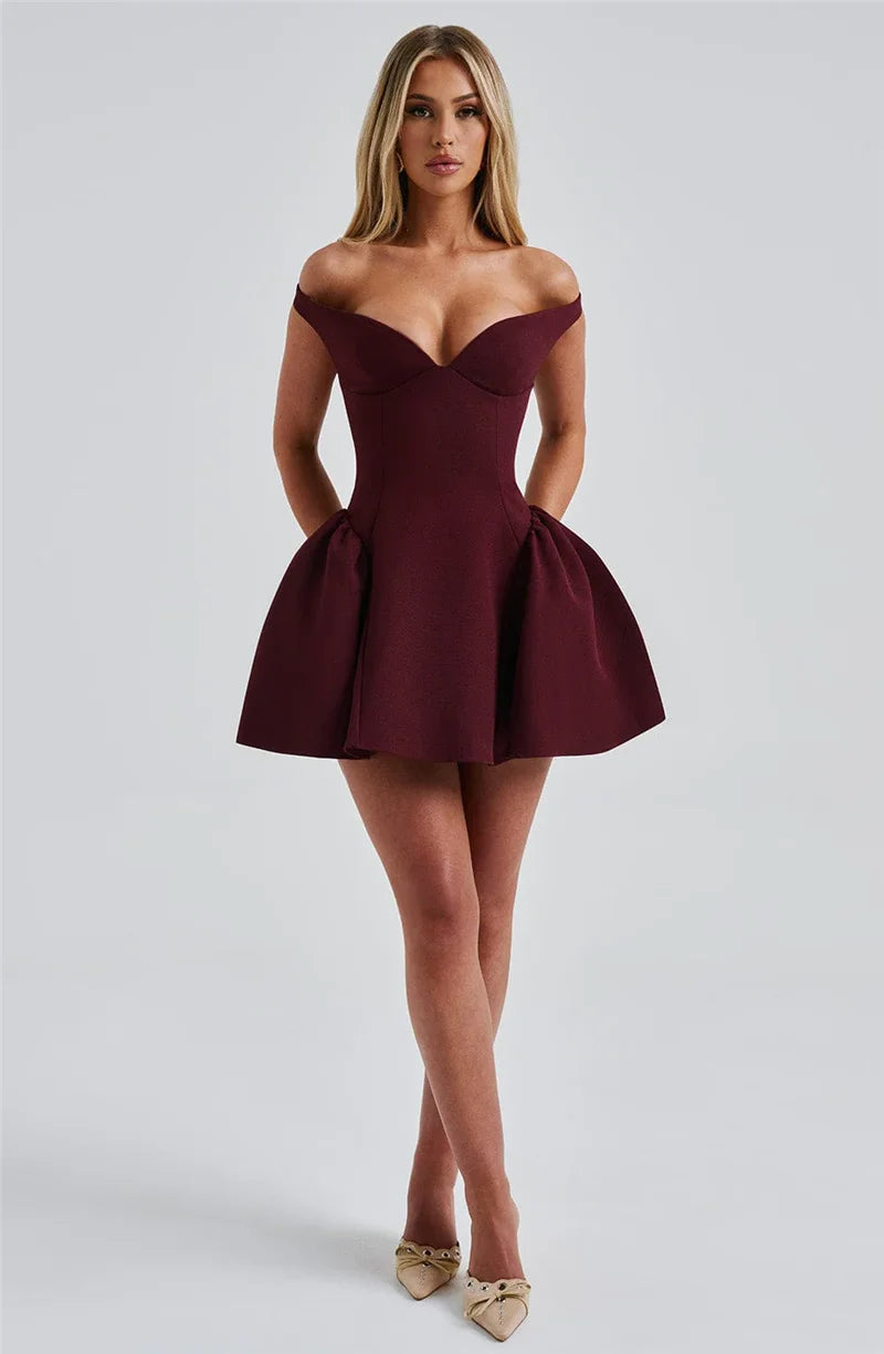 Off-shoulder Backless Sexy Mini Dress For Women Wine Red Sleeveless Strapless High Waist A-line Club Party Sexy Dress