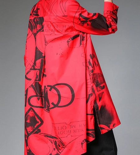 Women Red Pattern Printed Big Size Blouse New Stand Collar Long Sleeve Shirt Fashion Tide Spring Autumn 2025 1DJ1507