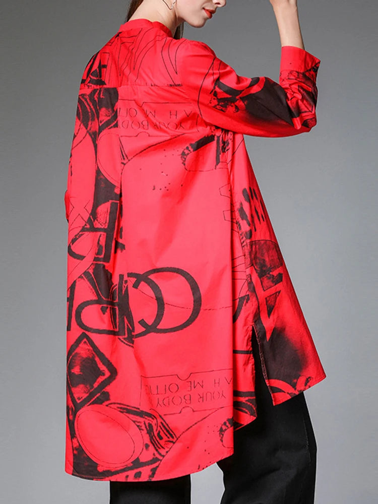 Women Red Pattern Printed Big Size Blouse New Stand Collar Long Sleeve Shirt Fashion Tide Spring Autumn 2025 1DJ1507
