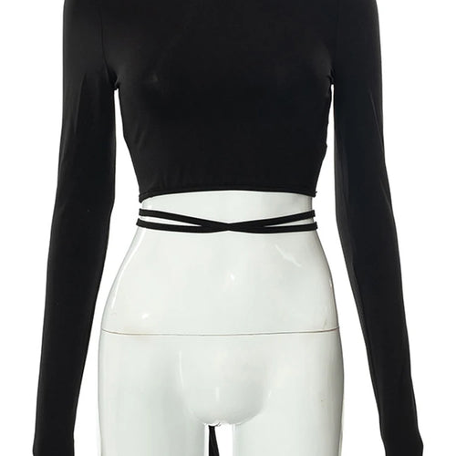 Load image into Gallery viewer, Sexy Backless Lace ups Pullover Tees Women Autumn Black O-neck Slim Longsleeve Short T-Shirt
