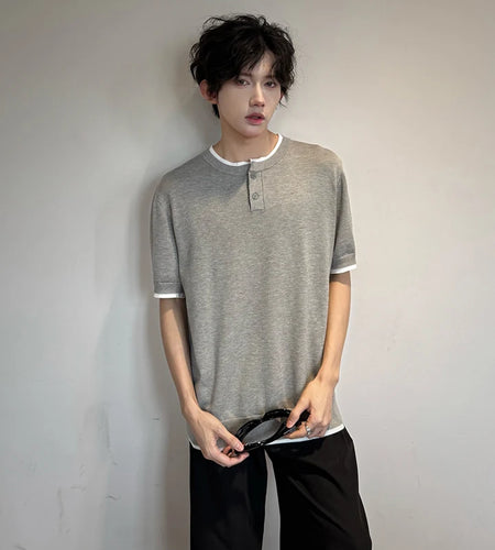 Men's T-shirts Short Sleeve Round Collar Fake Two-piece Spliced Button Knit Design Ice Male Pullover Clothing 9W1749