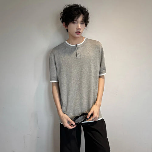 Load image into Gallery viewer, Men's T-shirts Short Sleeve Round Collar Fake Two-piece Spliced Button Knit Design Ice Male Pullover Clothing 9W1749
