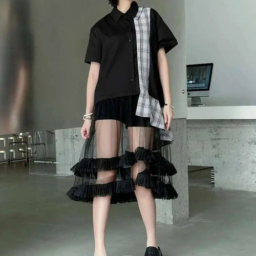 Load image into Gallery viewer, Women Black Plaid Mesh Spliced Big Size Midi Shirt Dress New Lapel Short Sleeve Fashion Tide Spring Summer 2025 1DJ0635
