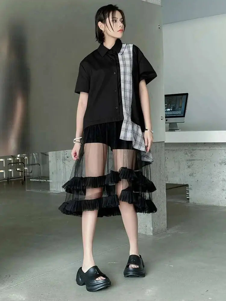 Women Black Plaid Mesh Spliced Big Size Midi Shirt Dress New Lapel Short Sleeve Fashion Tide Spring Summer 2025 1DJ0635