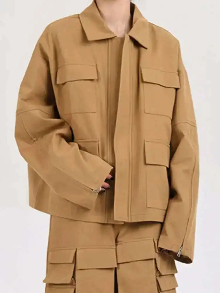 Khaki Big Size Coat Wide Leg Pants Two Piece Suit New Lapel Long Sleeve Women Fashion Tide Spring Autumn 2025 28W105