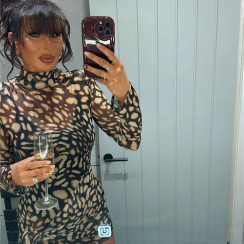 Load image into Gallery viewer, Mesh Leopard Print Sexy Mini Dress For Women Robe Fashion Turtleneck Draped Ruched High Waist Club Dress Vestido
