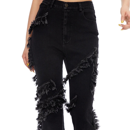 Load image into Gallery viewer, Patchwork TASSEL Denim Pants For High Waist Spliced Button Solid Vintage High Street Boot Cut Jeans Female Fashion
