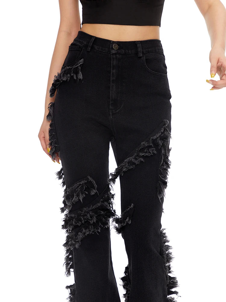 Patchwork TASSEL Denim Pants For High Waist Spliced Button Solid Vintage High Street Boot Cut Jeans Female Fashion