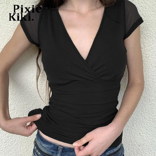 Load image into Gallery viewer, Sheer Mesh Patchwork Short Sleeve V Neck Tops for Women Summer Clothes 2024 Casual Basic Black T Shirts P77-BF11
