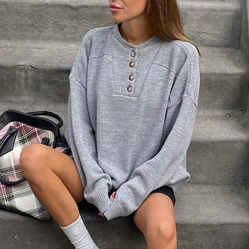 Casual Loose Buttons Grey Autumn Sweater Female Streetwear Basic Knitwears Warm Basic Pullover Knitted Korean Jumpers
