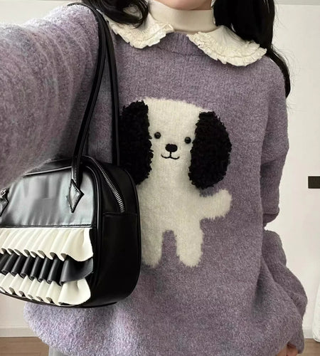 Preppy Kawaii Cartoon Dog Jacquard Sweaters Streetwear Loose Grunge Loose Jumpers Y2k Aesthetic Women Sweet Knitted Pullovers