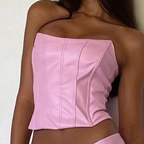 Load image into Gallery viewer, Summer Crop Top Women Fishbone Double Layer Pink  PU Leather Sexy Crop Top Fashion Lady Clubwear Party
