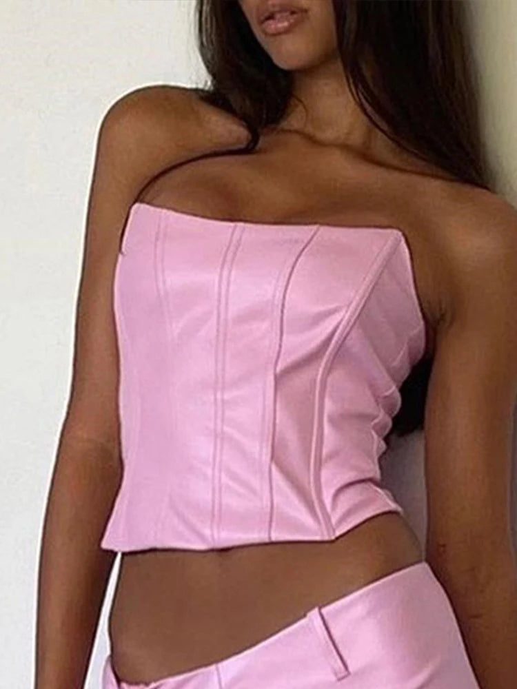 Summer Crop Top Women Fishbone Double Layer Pink  PU Leather Sexy Crop Top Fashion Lady Clubwear Party