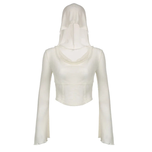 Load image into Gallery viewer, White Hooded Flare Sleeve T shirt for Women Stitch Casual Summer Tops y2k See Through Korean Fairycore Tees Clothing
