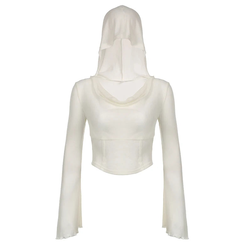White Hooded Flare Sleeve T shirt for Women Stitch Casual Summer Tops y2k See Through Korean Fairycore Tees Clothing