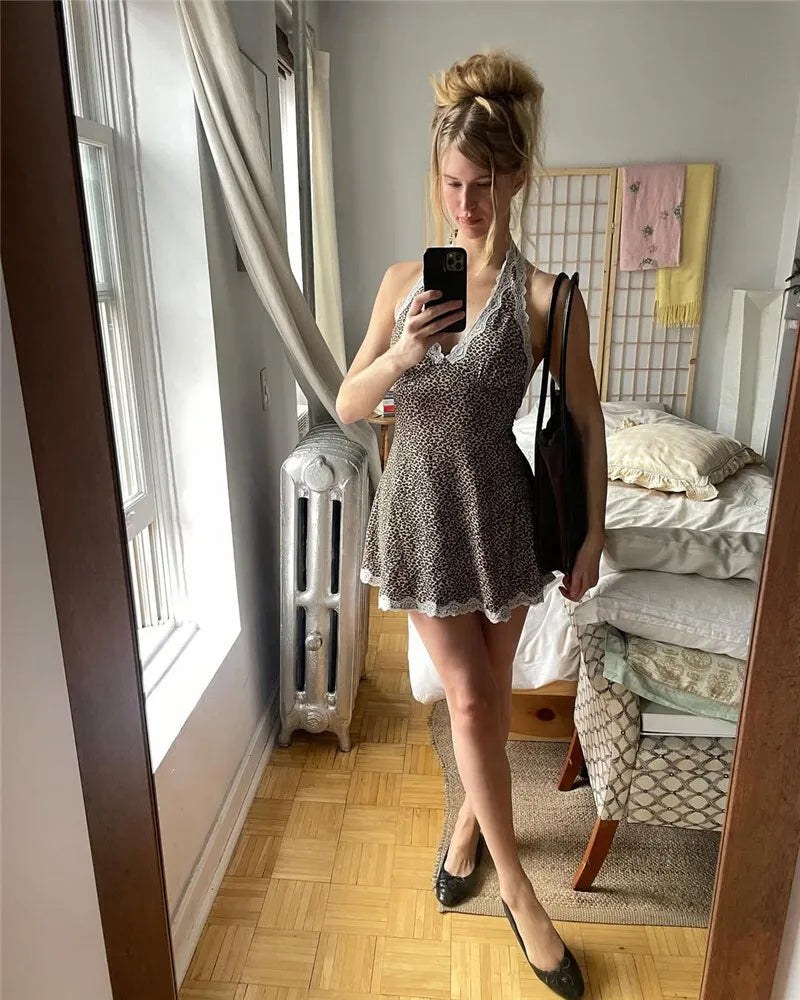 Leopard Print Backless Sexy Mini Dress For Woman Robe Contrast Color Halter Deep V Neck Sleeveless A-line Club Dress