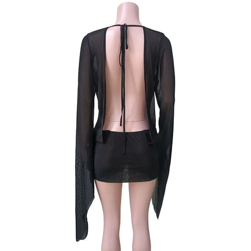 Load image into Gallery viewer, Mesh See Through Sexy Mini Dress For Women Black Sheer Mesh Deep V Neck Long Sleeve Backless Draped Ruched Dress
