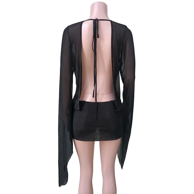 Mesh See Through Sexy Mini Dress For Women Black Sheer Mesh Deep V Neck Long Sleeve Backless Draped Ruched Dress