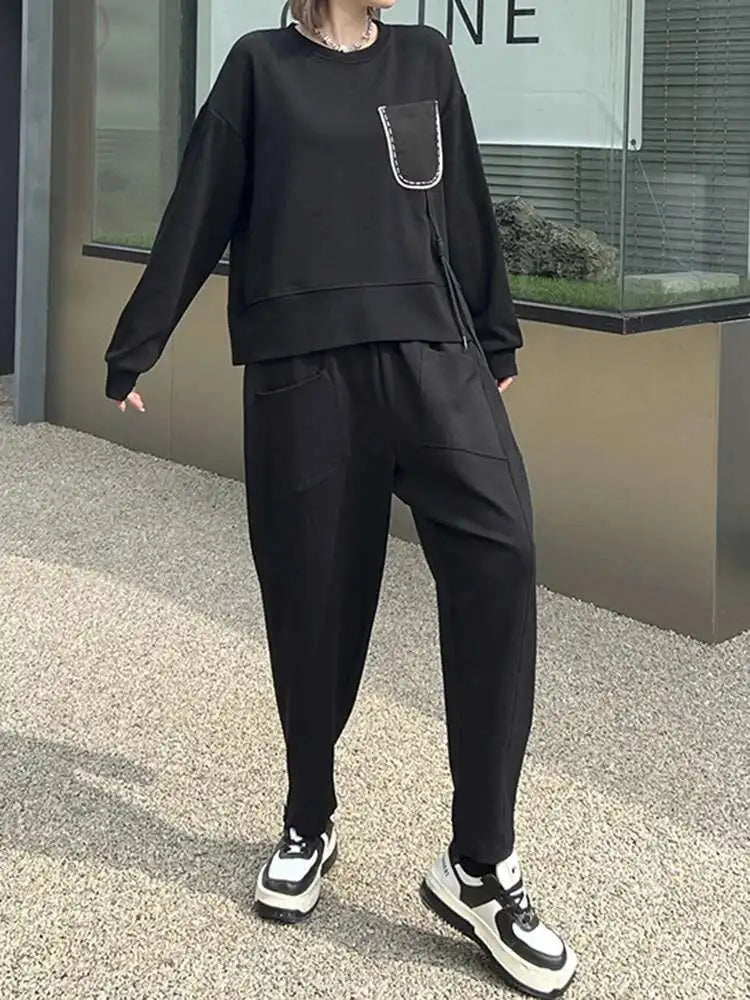 Black Topstitched Pocket Sweatshirt New Round Neck Long Sleeve Women Big Size Fashion Tide Spring Autumn 2025 1DJ0625