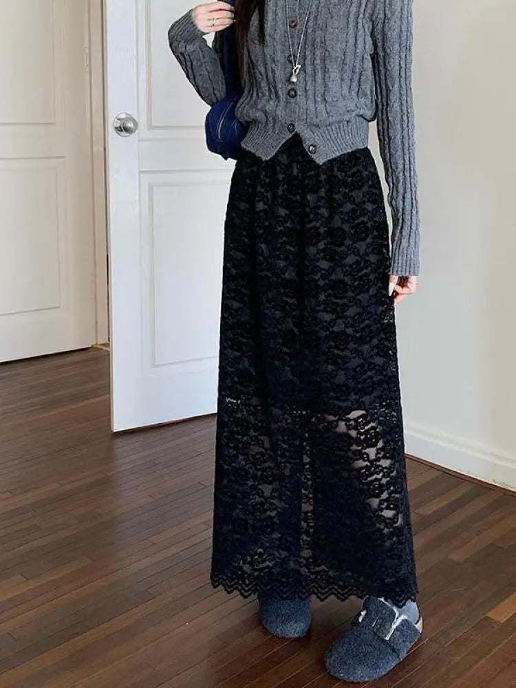 Autumn Winter Vintage White Lace Pleated A-line Split Skirt New Women Black Elegant High Waist Vacation Party Half Long Skirts