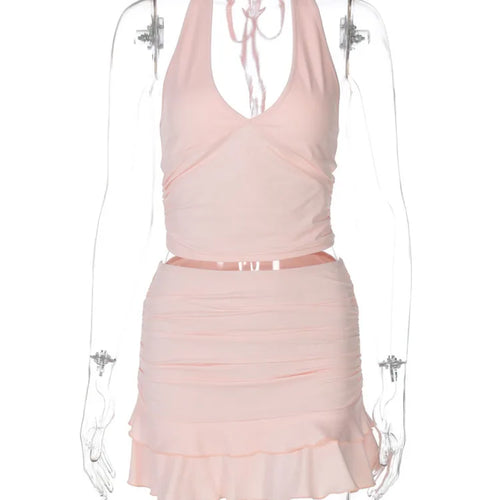 Load image into Gallery viewer, Sexy Solid Skirt Two Pieces Sets For Women Deep V-neck Neck-mounted Vest Tops And Short Skirt Sexy Two Pieces Sets
