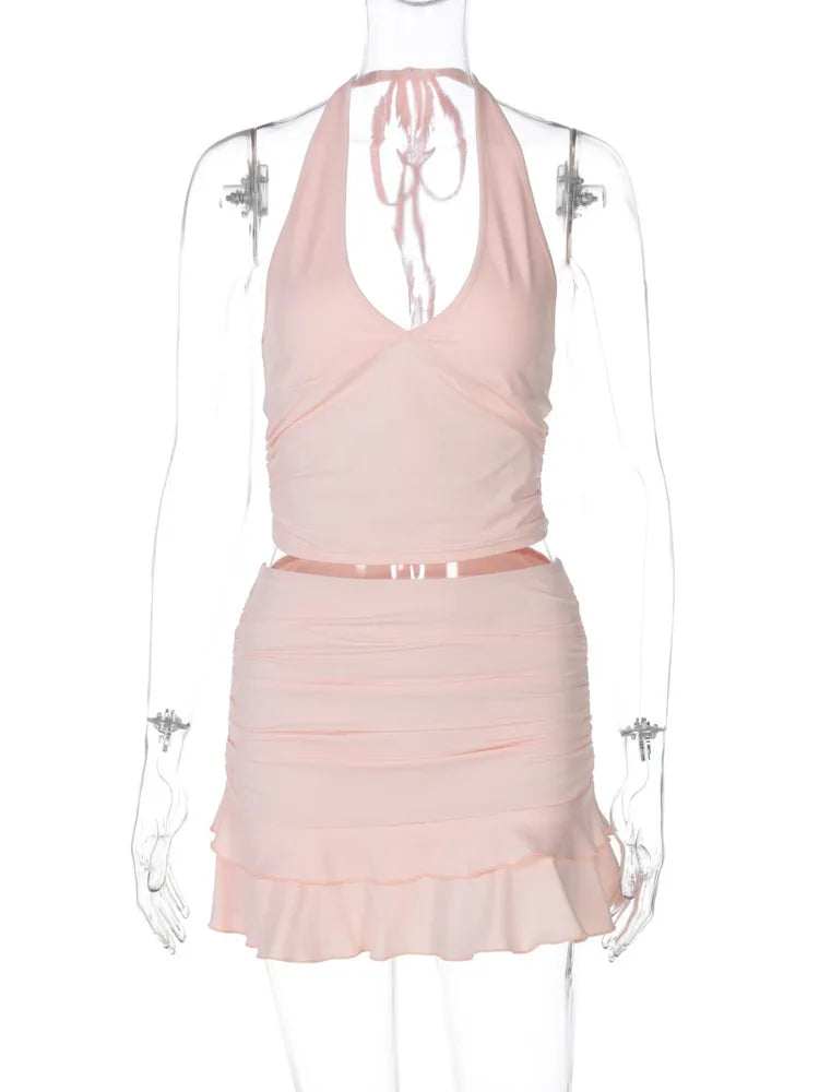 Sexy Solid Skirt Two Pieces Sets For Women Deep V-neck Neck-mounted Vest Tops And Short Skirt Sexy Two Pieces Sets