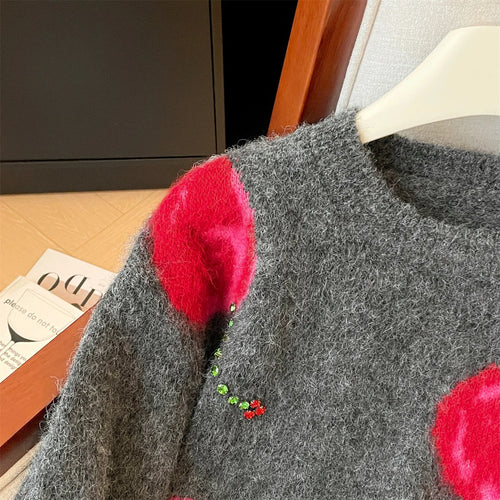 Load image into Gallery viewer, Autumn Winter Grey Patchwork Diamond Elegant Short Knitted Sweater Korean Women's Round Neck Long Sleeved Festival Pullover Tops
