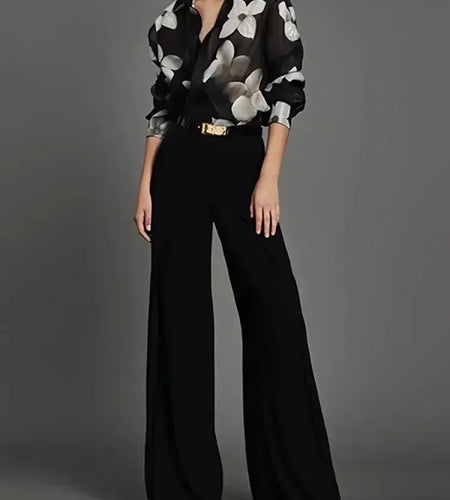 Women's Black Flared Pants Floral Lapel Blouses 2 pieces Set Fashion Autumn Trousers Tops 2024 New Urban Office Suits
