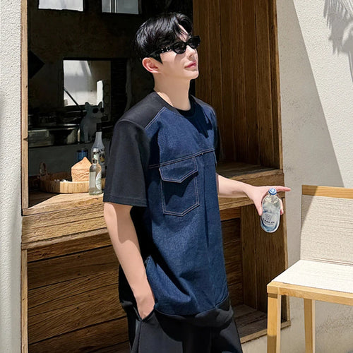 Load image into Gallery viewer, Korean Male T-shirt Denim Personalized Patchwork Short Sleeved Men&#39;s Top Pocket Decoration O-neck Summer Trend 9C6450
