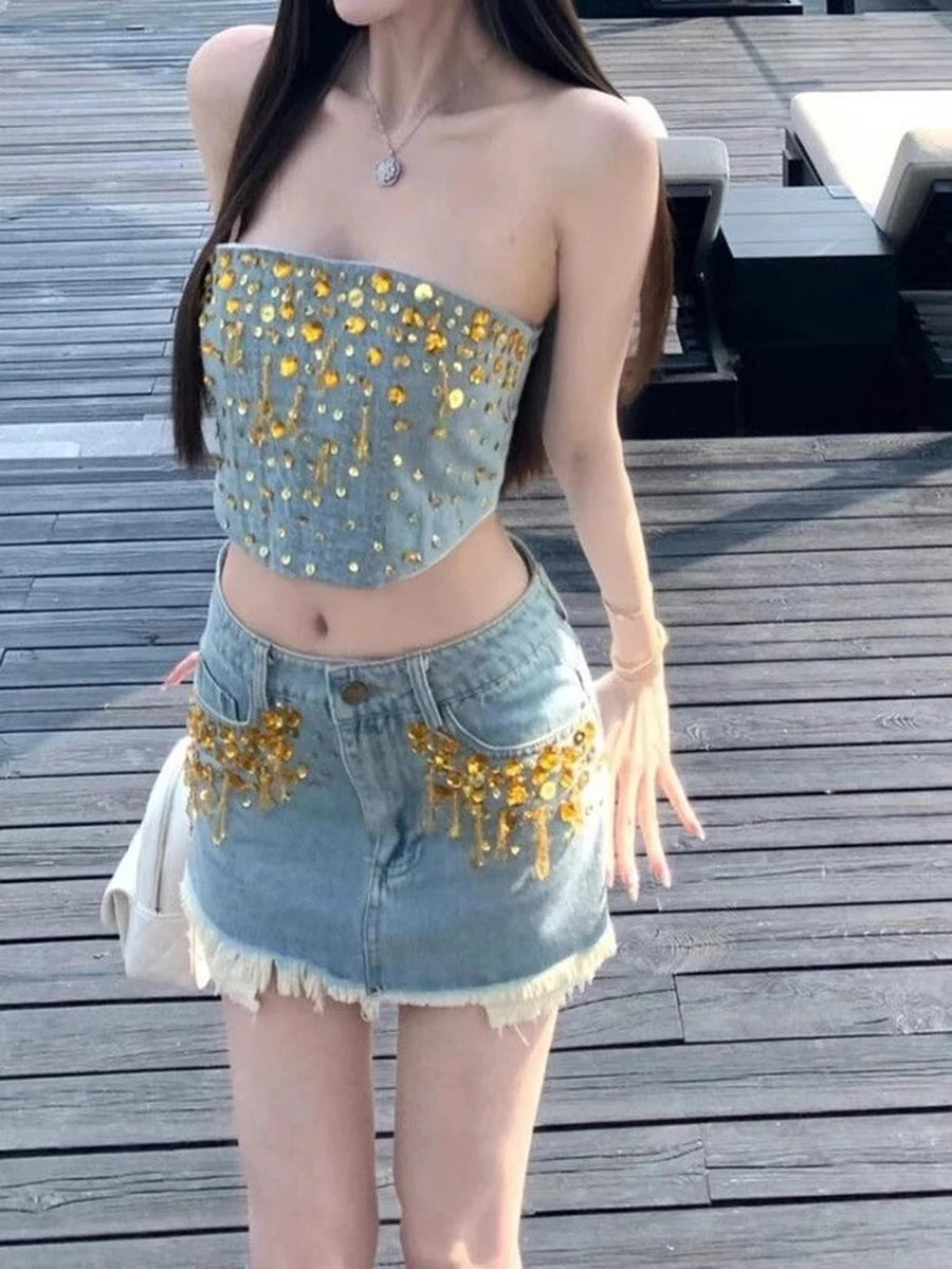 Hit Color Spliced Diamonds Two Piece Set For Women Strapless Top High Waist Skirts Sets Female Fashion Style New