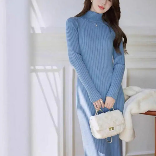 Load image into Gallery viewer, Autumn Winter White Sweater Dresses Fashion Female Black Long Sleeve Skinny Casual Blue Turtleneck Kintted Wrap Hip Dress Women
