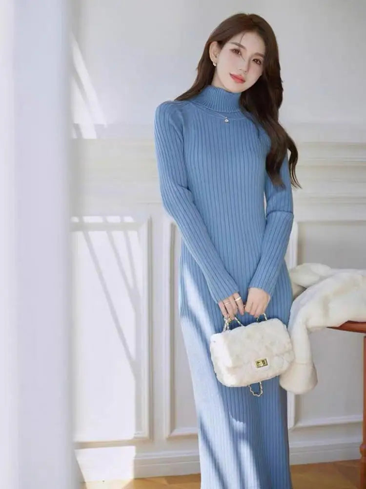 Autumn Winter White Sweater Dresses Fashion Female Black Long Sleeve Skinny Casual Blue Turtleneck Kintted Wrap Hip Dress Women