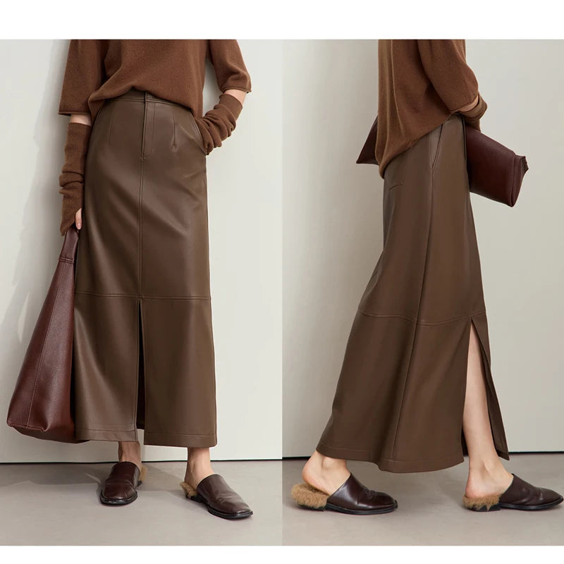 Minimalist Women's Retro Leather Skirts Eco-friendly PU Split A-line Female 2024 Winter Simple Commuter Clothing 12444182
