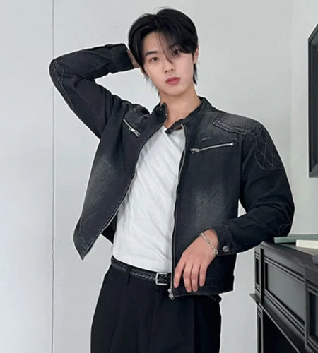 Men's Short Denim Jacket Male Loose Stand  Collar New Korean Multi Pockets Solid Color Trendy Spring Niche Top 9W1452