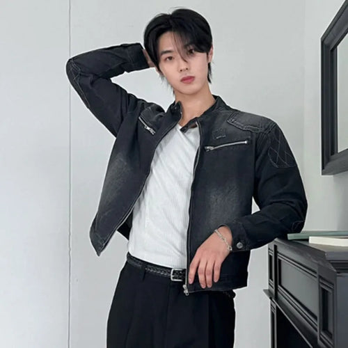 Load image into Gallery viewer, Men&#39;s Short Denim Jacket Male Loose Stand  Collar New Korean Multi Pockets Solid Color Trendy Spring Niche Top 9W1452
