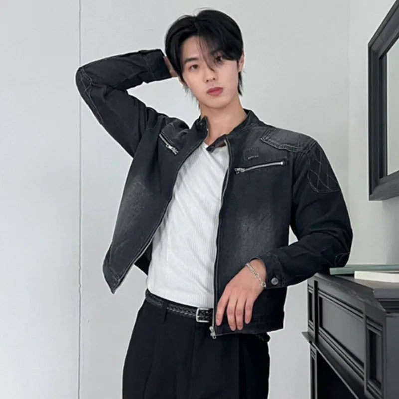 Men's Short Denim Jacket Male Loose Stand  Collar New Korean Multi Pockets Solid Color Trendy Spring Niche Top 9W1452