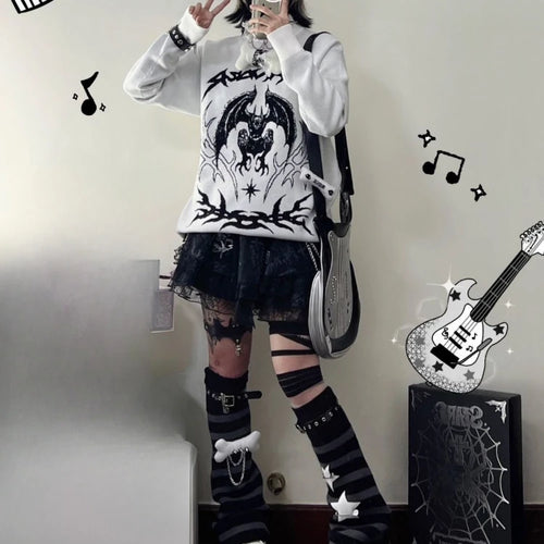 Load image into Gallery viewer, Oversized Harajuku Grunge Cartoon Jacquard Sweaters Streetwear Vintage Punk Jumpers Women Y2k Aesthetic White Casual Pullovers
