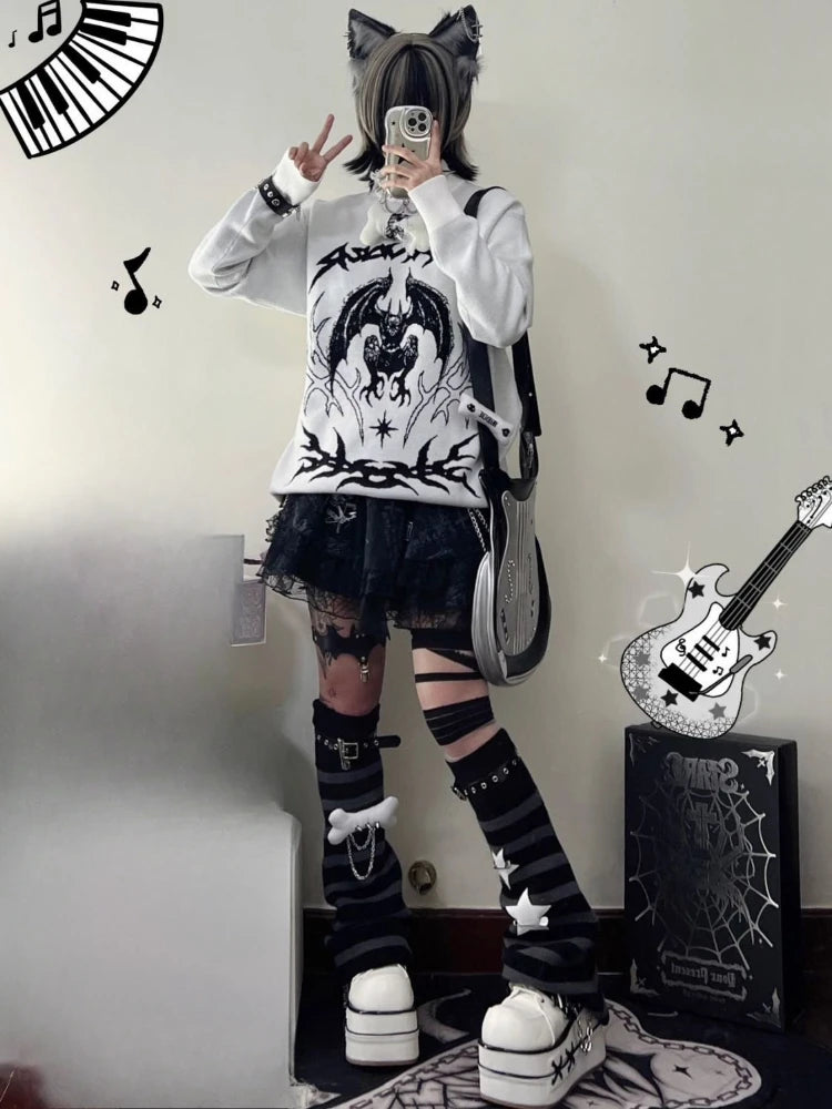 Oversized Harajuku Grunge Cartoon Jacquard Sweaters Streetwear Vintage Punk Jumpers Women Y2k Aesthetic White Casual Pullovers