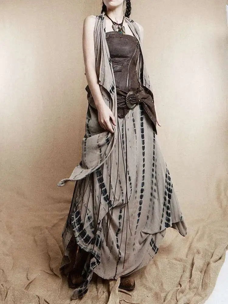 Women Brown Irregular Spliced Tie Dye Vintage Long Strapless Dress New Sleeveless Fashion Tide Spring Autumn 2025 1DH9375