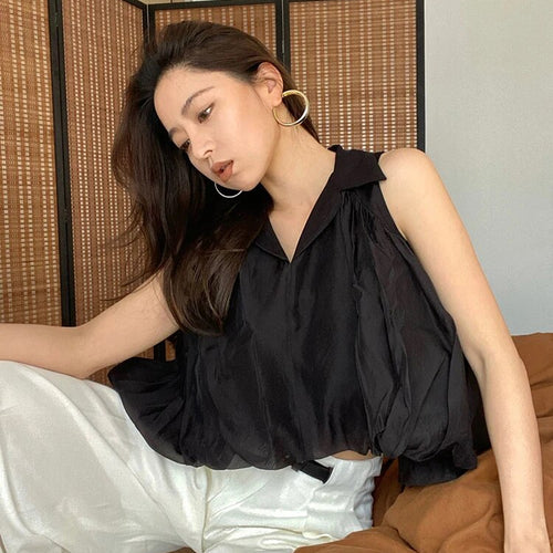 Load image into Gallery viewer, Solid Loose Shirts For Women Lapel Sleeveless Folds Summer Casual Temperament Blouse Female Fashion Clothing
