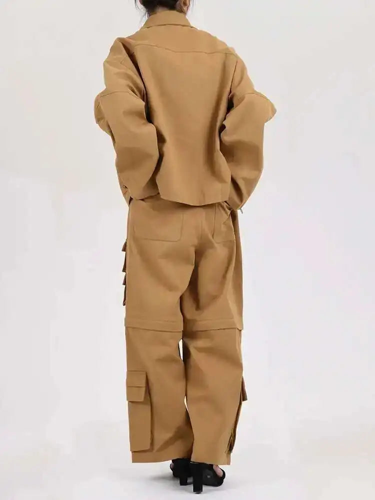 Khaki Big Size Coat Wide Leg Pants Two Piece Suit New Lapel Long Sleeve Women Fashion Tide Spring Autumn 2025 28W105